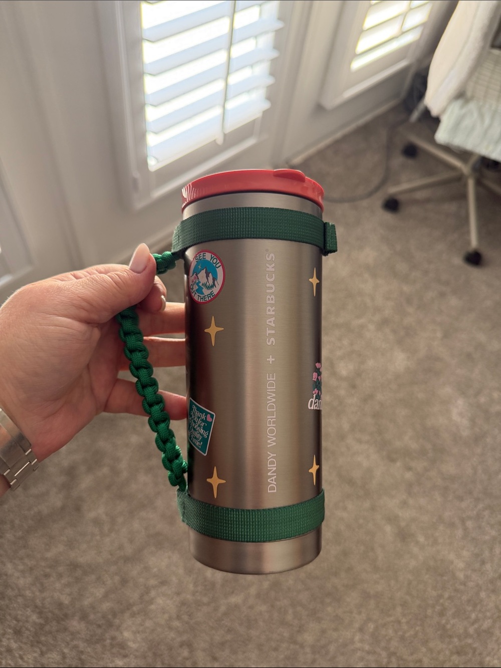 Starbucks Dandy Stainless Steel Tumbler with Green Strap and Peach Lid